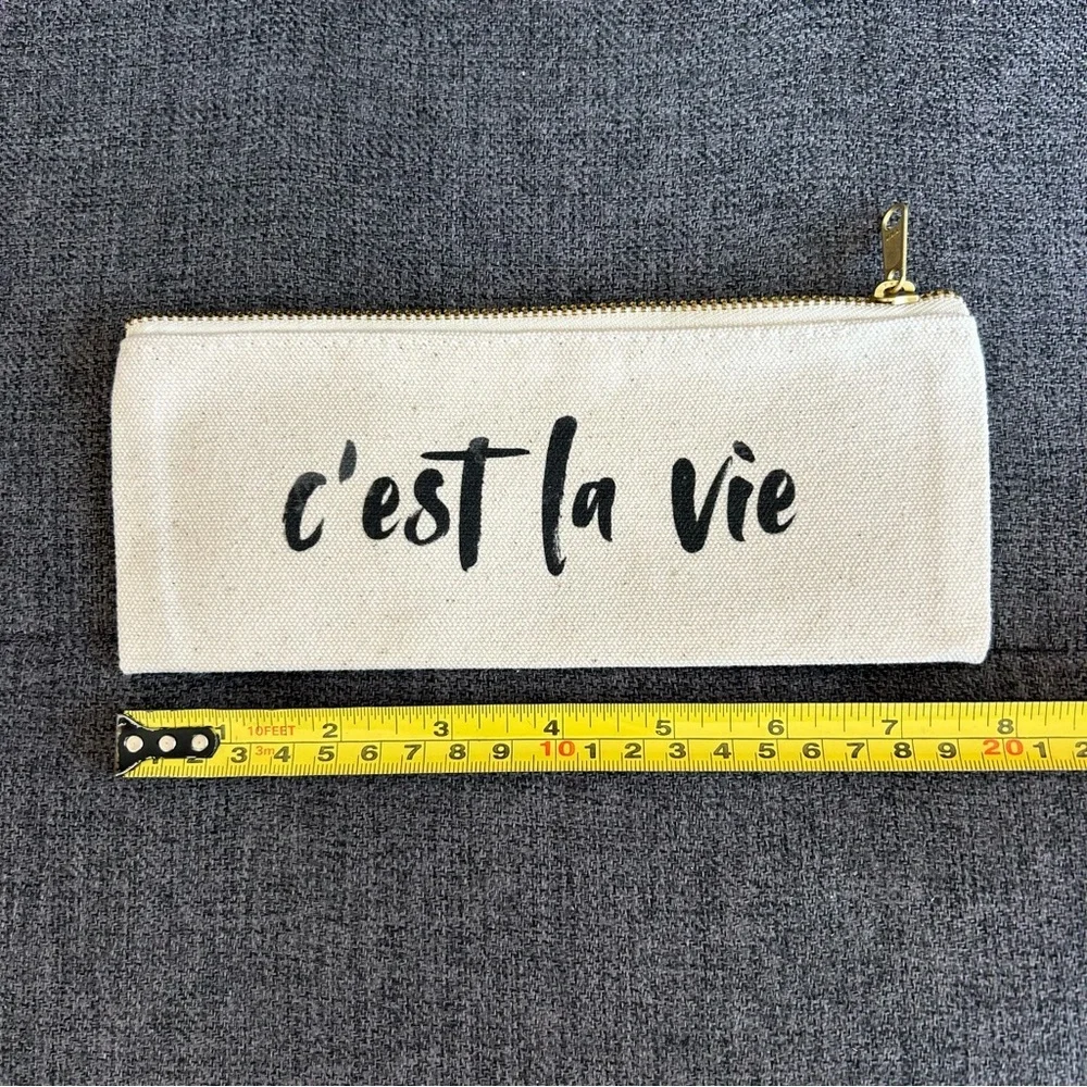 Canvas “c’est la vie” Pencil, Travel Mini Pouch, Cream, Black
